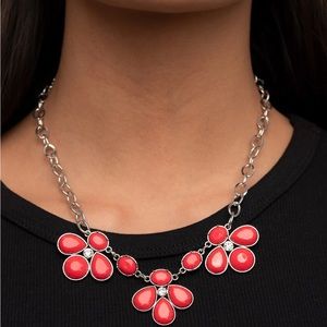 NEW Boutique Red Acrylic Flower & Silver Diamond Rhinestone Necklace & Earrings